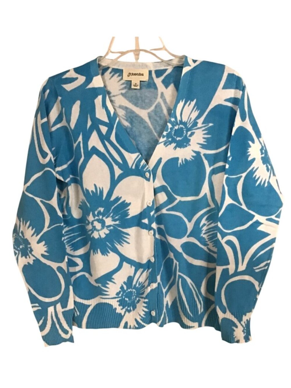 St Johns Bay Womens Medium Aqua Floral Tropical Print Cardigan Sweater